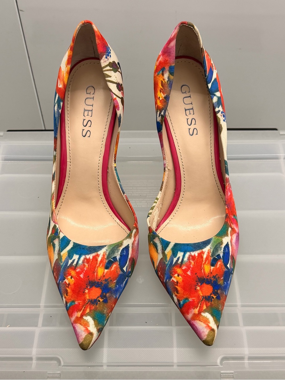 GUESS Floral Multicolor Pointed-Toe Heels in Bold Orange and Blue